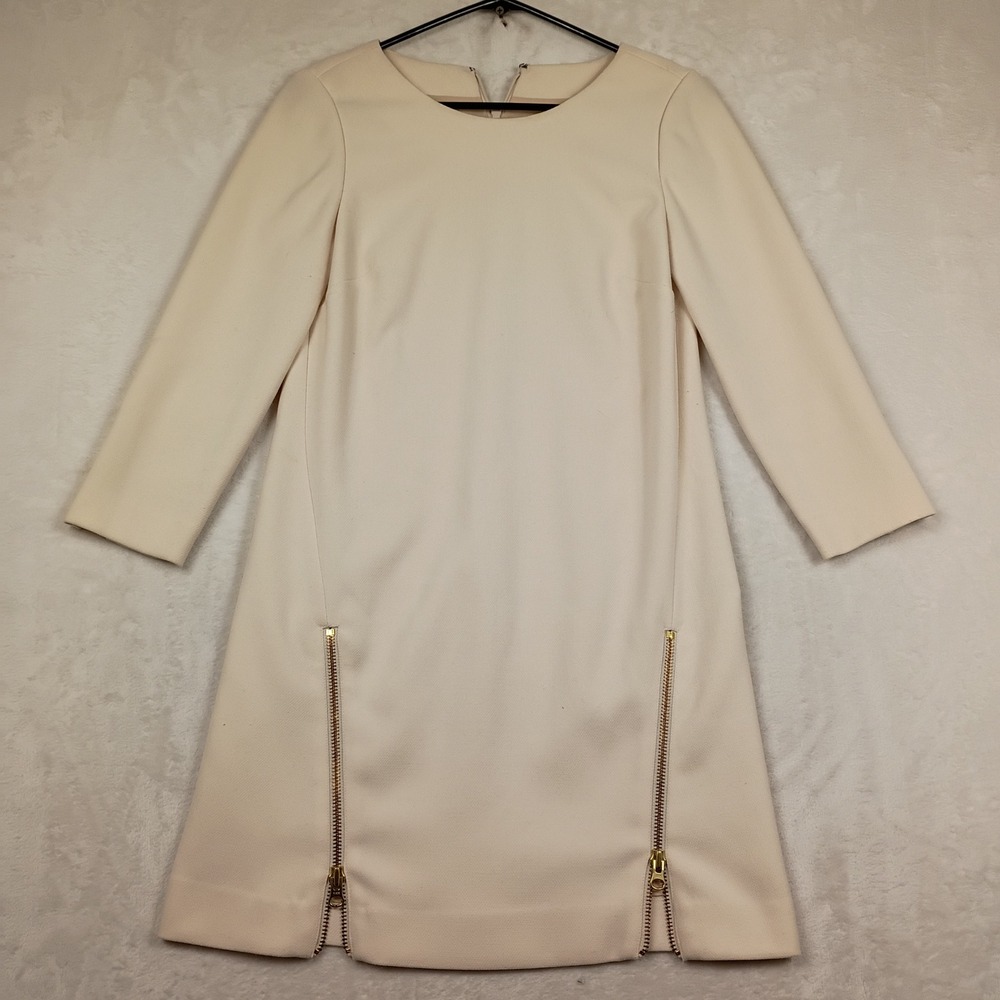 J.Crew Shift Dress Womens 00 Cream Gold Zipper Accent Long Sleeve Work Wear Chic